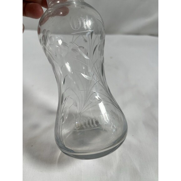 Vintage Crystal Etched Glass Handcrafted Oil Vinegar Bottle No Stopper Signed - Picture 3 of 11